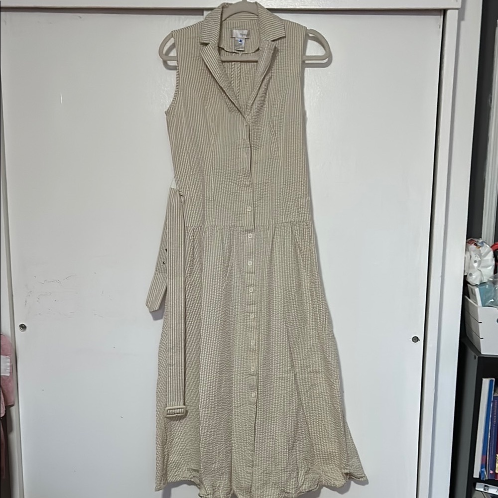 Spiegel Beige Seersucker Sleeveless Midi Shirt Dress